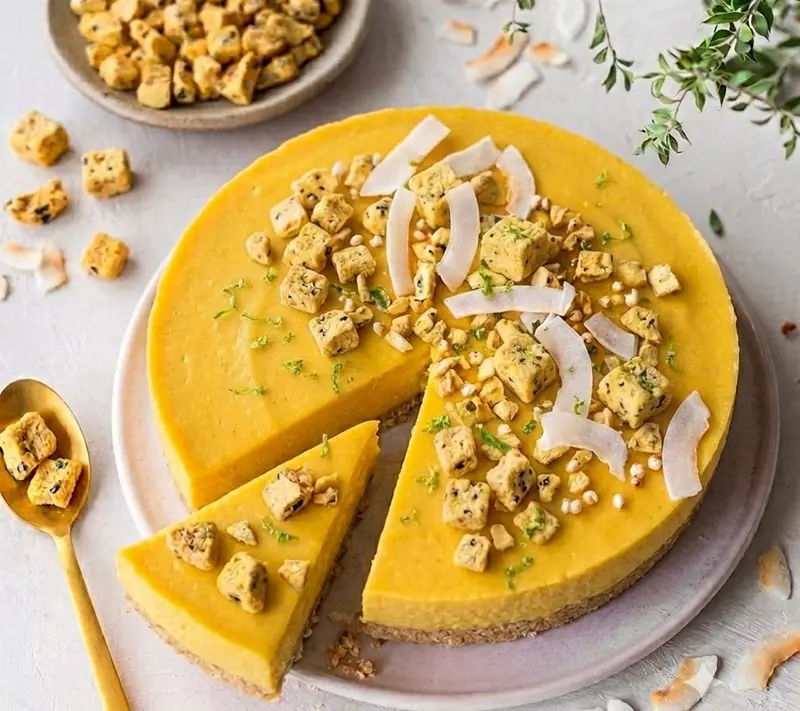 Easy Vegan No-Bake Mango & Passion Fruit Cheesecake