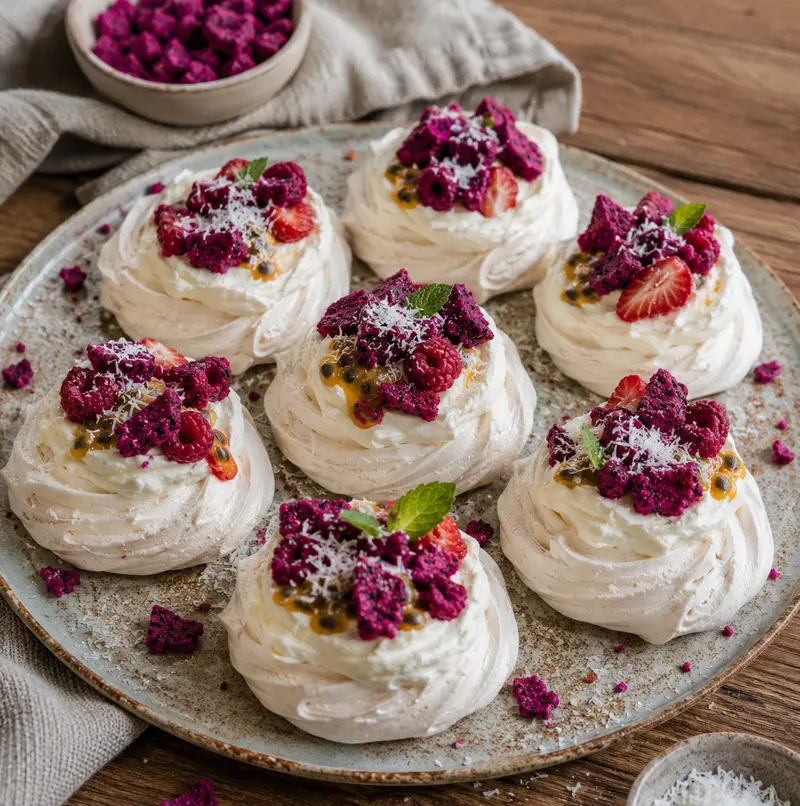 Mini Dragon Fruit Pavlovas with Freeze-Dried Fruit